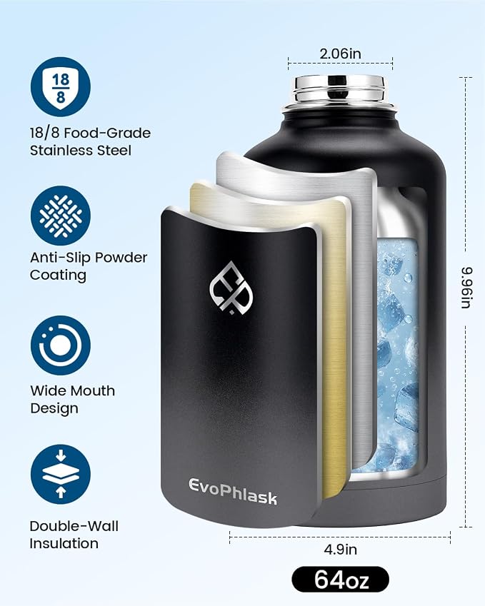 Insulated Water Bottle 64 oz with Carrier Bag, Black/Gray | Stainless Steel, Vacuum Insulated Keep Cold 48 Hrs, Half Gallon Large Water Jug, For Travel, Sport, Gym, Hiking
