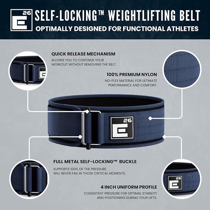 Element 26 Self-Locking Weight Lifting Belt | 4” Back Support for Gym, Powerlifting, Body Building, Cross Training, Men, Women, Deadlift, Squat, Quick Locking, Competition
