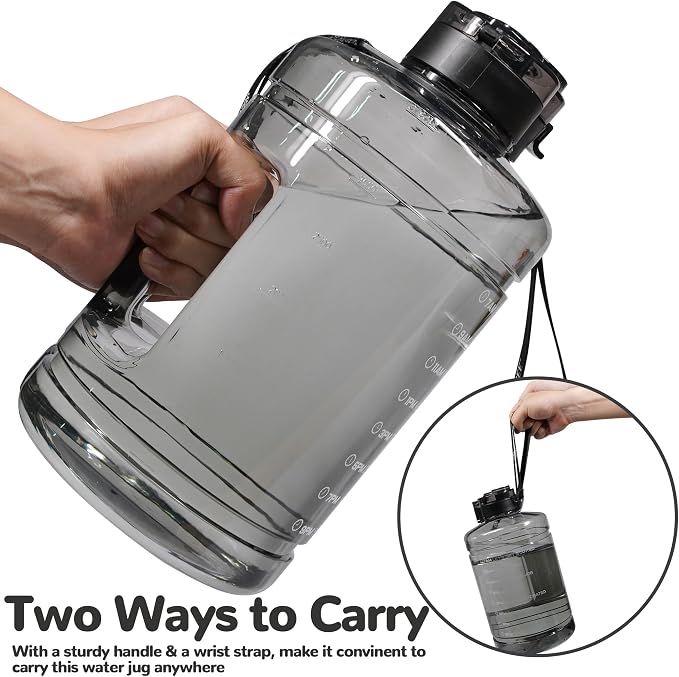 1 Gallon Water Bottle, Water Jug with Motivational Time Marker & Handle | BPA Free,Gallon Water Jug, Half Gallon water Bottle for Sport Gym Camping Workout Outdoors Yoga (Clear Black)
