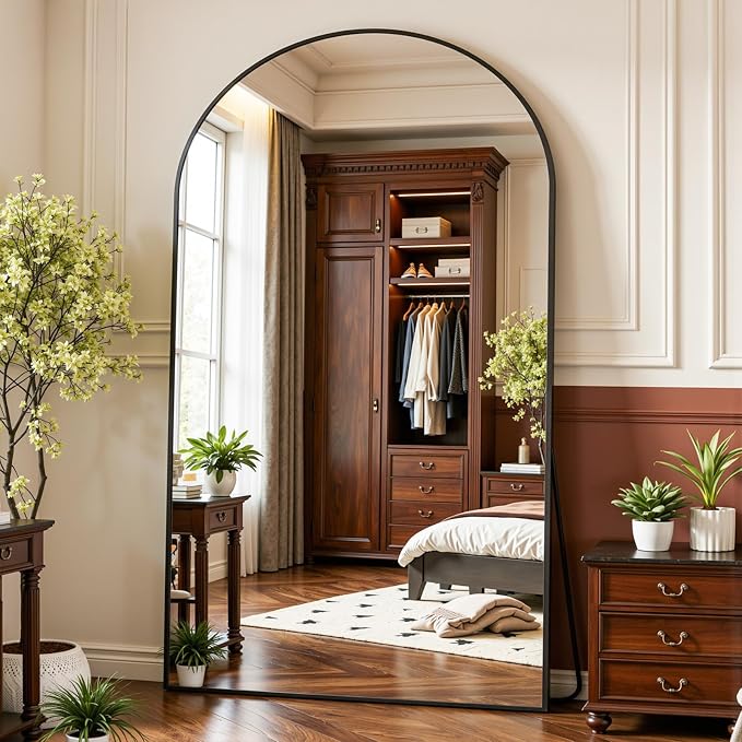 Full Length Mirror 72" L x 44" Full Body Standing Mirror for Bedroom, Living Room, Gym, Dorm - Shatter-Resistant & Easy Assembly, Arched Style Black