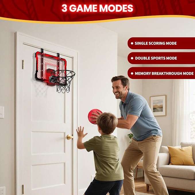 QDRAGON Mini Basketball Hoop with Scoreboard & 7 LED Lighting | Over The Door Indoor, with 3 Balls/Inflator/Breakaway Rim, Basketball Toy Gifts for Kids Adults, Suit for Bedroom/Office