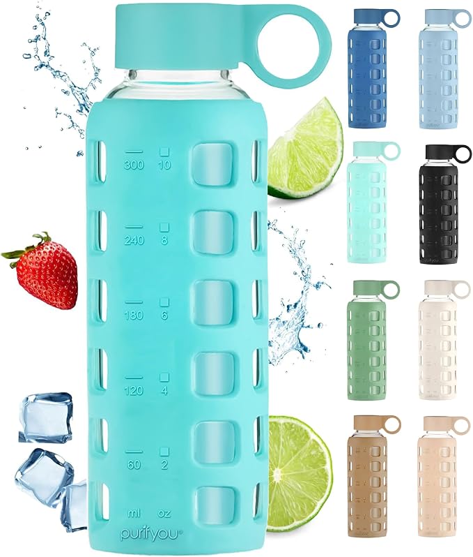 purifyou 40oz / 32oz / 22oz / 12oz Borosilicate Glass Water Bottle with Time & Volume Markers, Silicone Sleeve, Stainless Steel Lid | Reusable Glass Bottle for Water & Juice (12oz Aqua Blue)