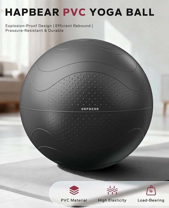 HAPBEAR Exercise Ball- Anti-Burst Slip-Resistant Yoga/Pilates Ball for Core Training & Posture Improvement, Home Gym/Rehab/Pregnancy Ball, Quick Pump & 3 Resistance Bands Included