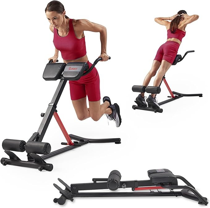 Sunny Health & Fitness Foldable Roman Chair, Back Hyperextension Bench | Adjustable Height, Folds Flat for Storage, Built in Dip Station, Targets Back, Abs & Core, Crunches & Back Extensions