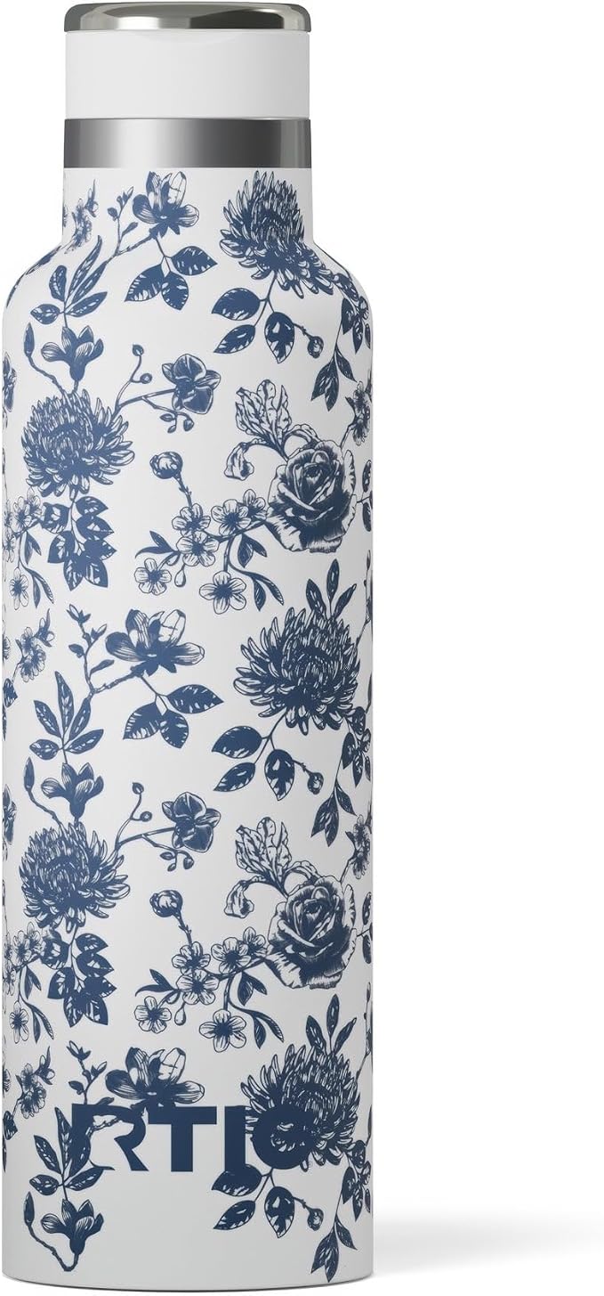 RTIC 20oz Journey Water Bottle Ceramic Lined Metal Stainless Steel Vacuum Insulated, BPA Free, Reusable, for Water, Hot and Cold Drinks, Travel, Sports, Camping, Blue Bouquet