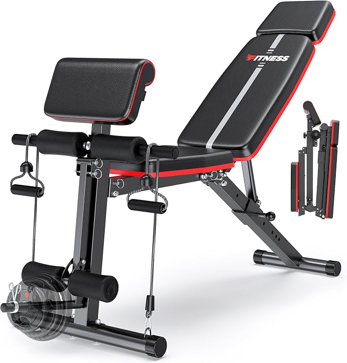 XDDIAS Adjustable Weight Bench, Workout Bench with Leg Extension and Preacher Curl Pad, Weight Bench for Home Gym, Foldable Exercise Bench, Quick Adjustment Incline Bench Press