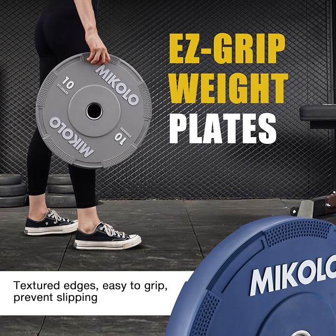 Mikolo Olympic Bumper Plates Set, 100% High-Density Low-Bounce Rubber Weight Plates with Steel Inserts, IWF Color-Coded Quiet Barbell Plates for Deadlifts, Squats & Home Gym Strength Training (Weights: 45 * 2-230LB)