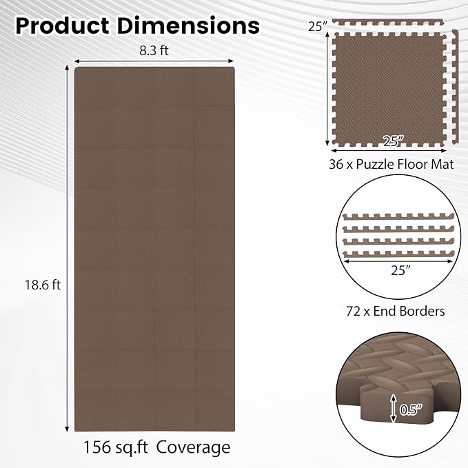 Tangkula 36 Tiles Exercise Flooring Mats with Border, Non-Slip EVA Foam Protective Mats, Elastic Puzzle Play Mats, 1/2" Interlocking Floor Mats for Home Gym, Fitness Room (Brown)