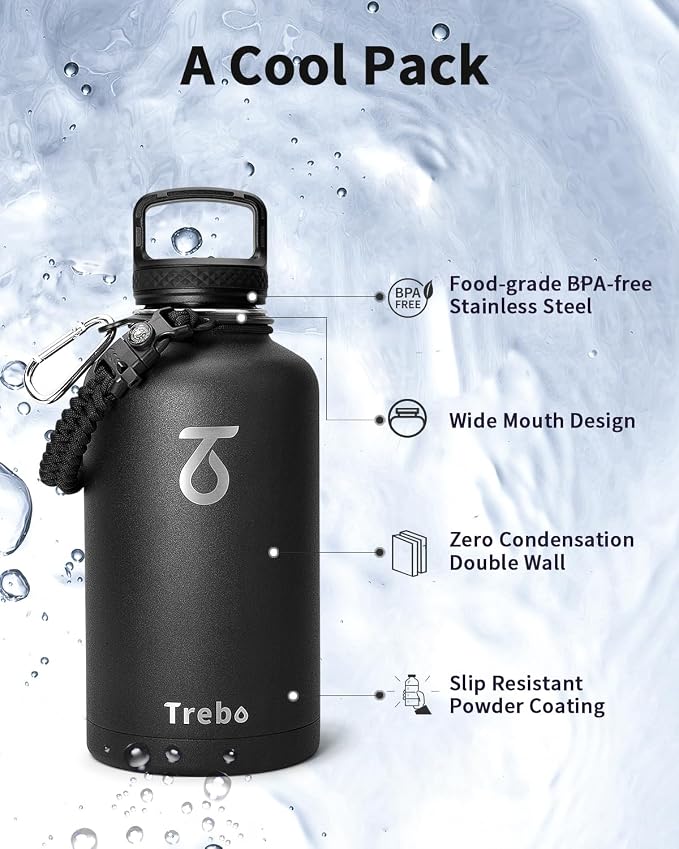 Trebo 64 oz Water Bottle Stainless Steel with 3 Lids, Paracord Handle & Bag | Half Gallon Large Insulated Jug, Triple Wall Vacuum Copper Plated, Dishwasher Safe, Cold 48Hrs for Outdoor, Hiking, Gym