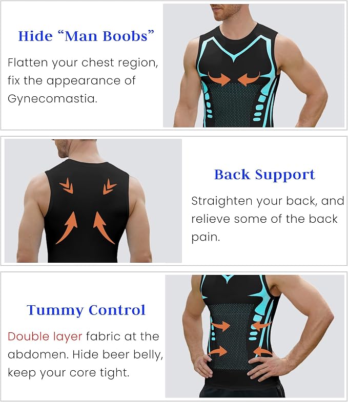 Compression Shirt Men Slimming Body Shaper Vest Crewneck Workout Tank Top | Tummy Control Undershirts, Gynecomastia Compression Shirts, Back Support, Sleeveless Muscle Shirts, Shaping Tank Top