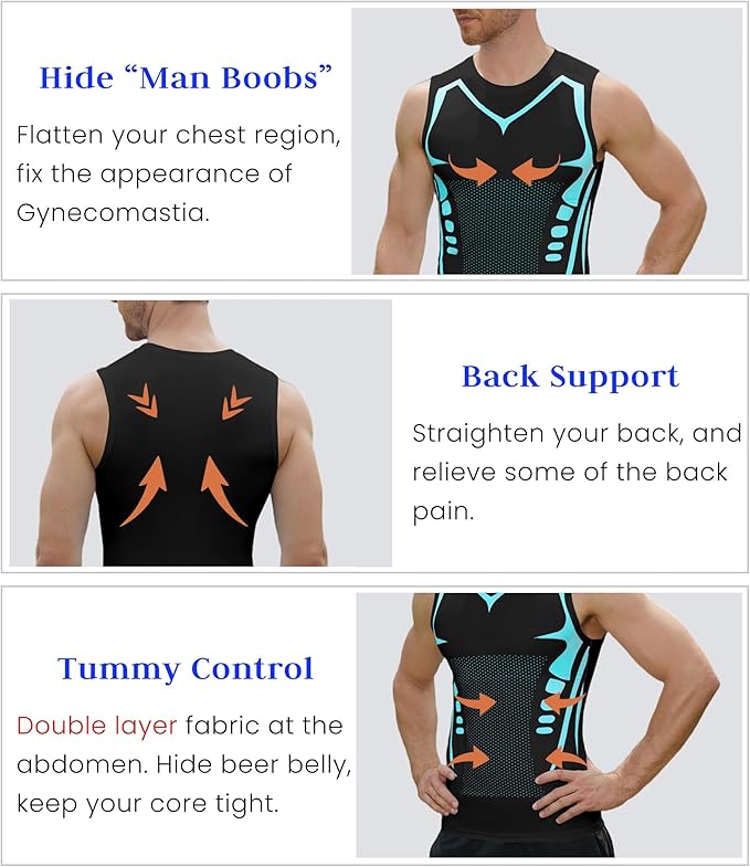 Compression Shirt Men Slimming Body Shaper Vest Crewneck Workout Tank Top | Tummy Control Undershirts, Gynecomastia Compression Shirts, Back Support, Sleeveless Muscle Shirts, Shaping Tank Top