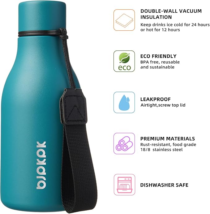 BJPKPK 12oz Insulated Water Bottle, Stainless Steel Bottle with Carry Strap | Keep Cold & Hot Vacuum Insulation, Leak-Proof BPA-Free Design, Slim Bottle Fits Most Cup Holders for Gym, Office & Travel