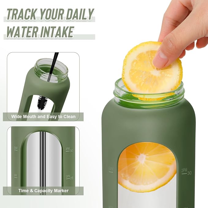 FULBEVY 25 oz Glass Water Bottle with Time Marker, 2 Lids & Silicone Sleeve