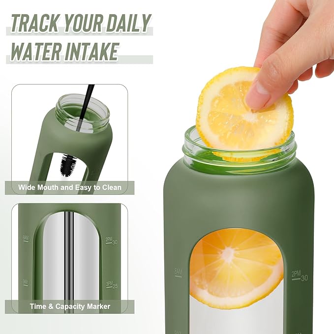 FULBEVY 32 oz Glass Water Bottles - 1 Liter Motivational Tumbler Water Bottle Time Marker - Borosilicate Glass Water Bottle With Silicone Sleeve and 2 Lids, Handle Spout & Bamboo Straw Lid (Olive)