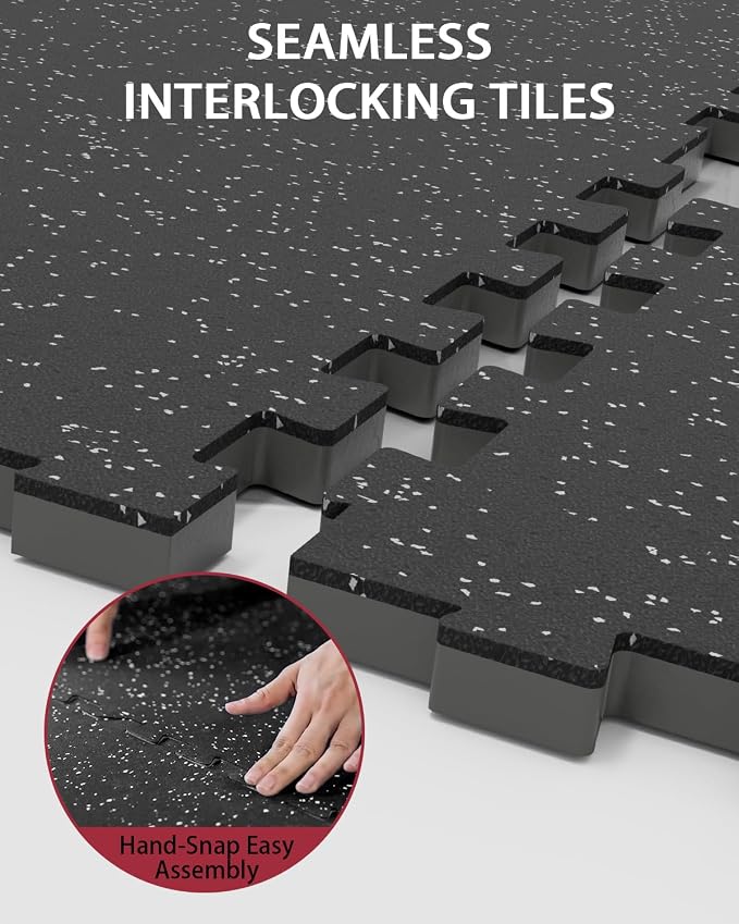 Mikolo 0.56'' Thick 12 Pcs 48 Sq Ft Gym Flooring Mats, High-Density EVA Foam with Rubber Top, Interlocking Exercise Equipment Mats for Home Gym, Protective Workout Mat