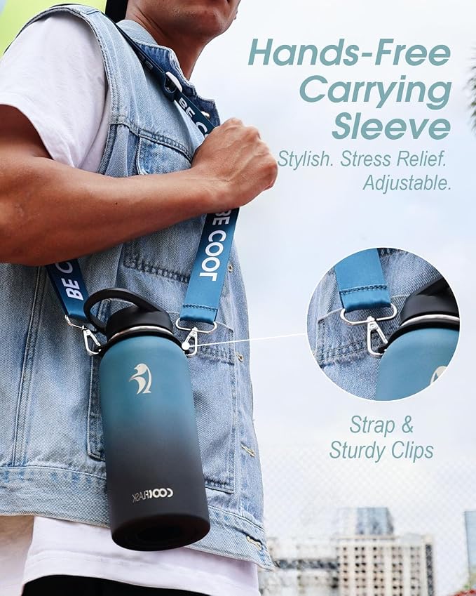 Coolflask 32 oz Water Bottle Insulated Stainless Steel with Strap | Metal Water Flask with Straw & Spout Lids, Triple-Wall, Cold 48+h, Dishwasher Safe, Leakproof, BPA-Free, for Gym & Hiking