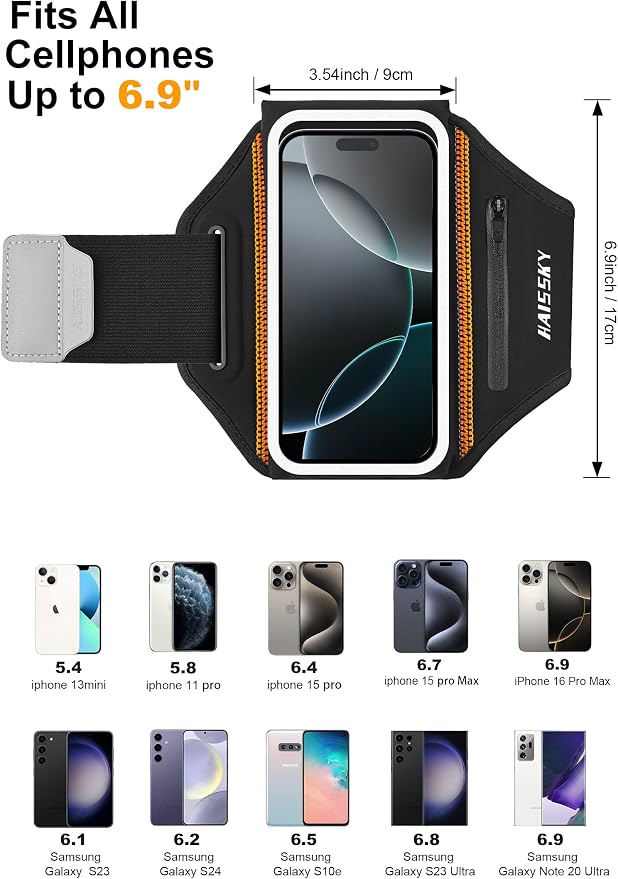 Running Armband with Earphone Bag Cell Phone Armband for iPhone 16 15 Pro 14 Plus 13 11 XR XS, Galaxy S24/S10 Water Resistant Sports Phone Holder Case & Zipper Slot Car Key Holder for 6.9 inch Phone | Zipper Pocket for Keys & Earphones, TPU Touchscreen...