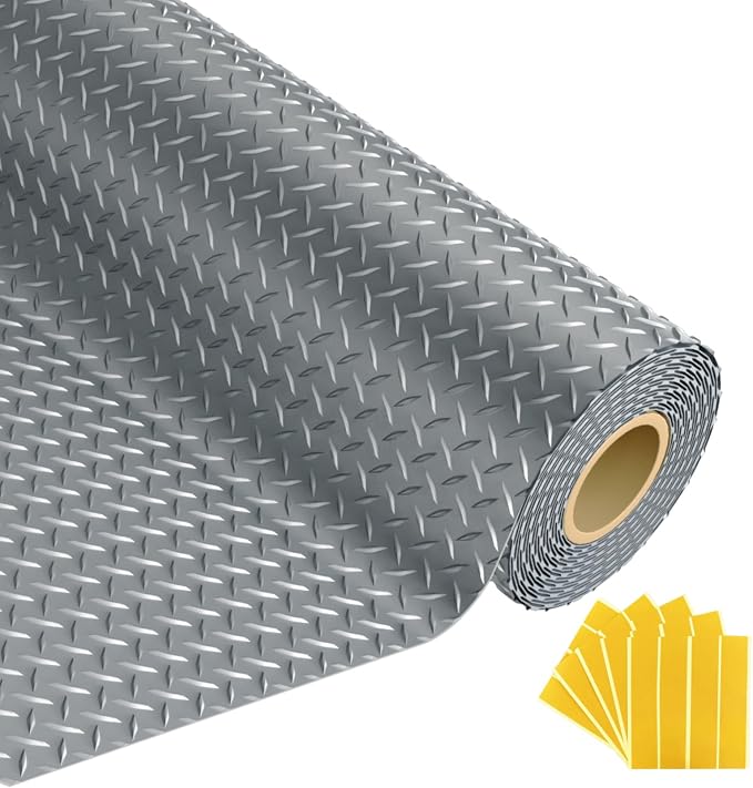 8x20 FT Garage Floor Mat, 2.8mm Thickened Flooring Roll for Under Car Diamond Plate PVC Rubber Mat with 20 Pcs Tapes, Non-Slip Floor Mat for Garage, Warehouse, Gyms, Trailer, Gray