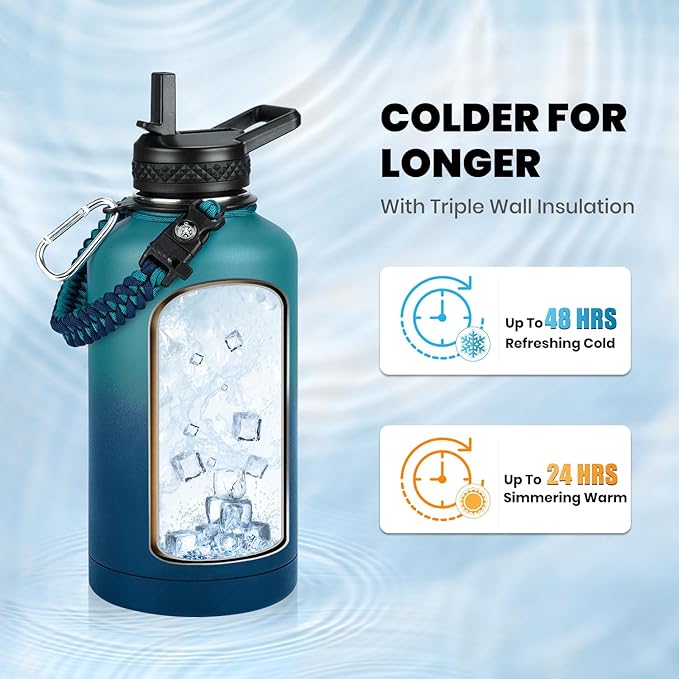RAYMYLO Insulated Water Bottle 64 oz, Triple Wall Vacuum Stainless Steel (Cold for 48 Hrs), Leak Proof & Non-BPA, Half Gallon Water Flask Jug with Paracord Handle & Straw Spout Lids, Cyan Blue | (Cold for 48 Hrs), Leak Proof & Non-BPA, Half Gallon Wate...