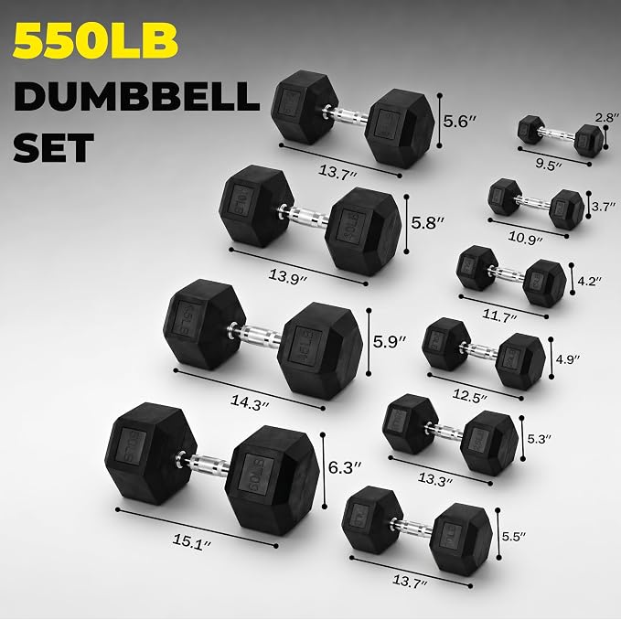 Hulkfit 60-550 lb Dumbbell Set, Rubber Coated Hex Dumbbells, Weights Dumbbells Set for Home Gym Training, Hand Weights for Women & Men