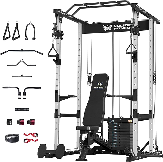 MAJOR FITNESS Power Cage Drone1 Premium- Multi-Function Power Rack for Home Gym, Squat Rack with Pull-up Bar, Cable Crossover System, J-Hooks, for Strength Training, Heavy-Duty Steel Construction