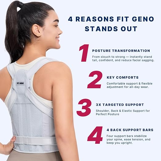 Fit Geno Posture Corrector for Women & Men, Adjustable Upper Back Brace | 4 fiberglass stays with breathable mesh gently pull your shoulders back to correct rounded posture and ease upper back strain