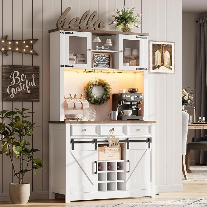 GarveeHome 72" Farmhouse Coffee Bar Cabinet with LED Lights & Power Outlets | Tall Kitchen Buffet Hutch with 3 Drawers & Wine Glass Rack, Sliding Barn Door, Ample Storage for Home Bar, White