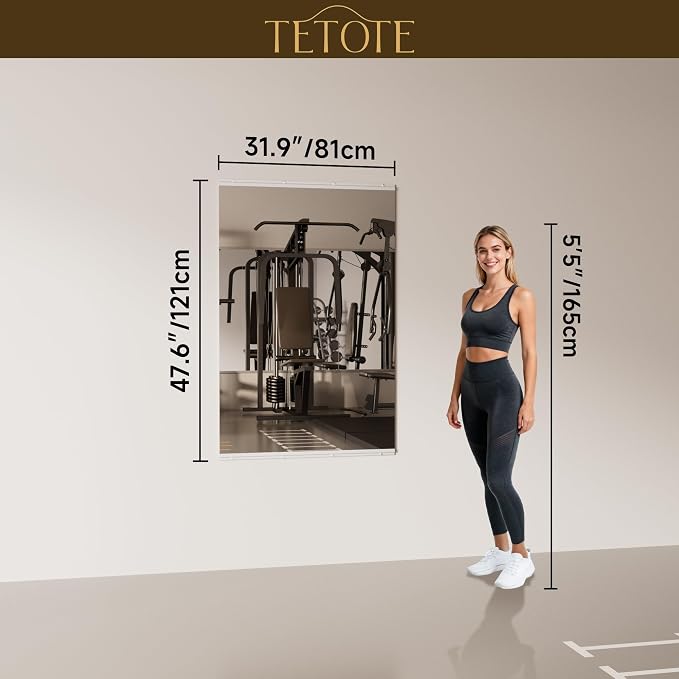 TETOTE Home Gym Mirror for Wall 48" x 32" - 1PC Large Frameless Tempered Glass Workout Exercise Fitness Mirror for Home Gym, Garage, Dance Studio, Yoga, Bedroom, Living Room