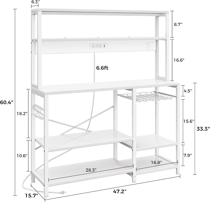 SUPERJARE Bakers Rack with Power Outlet, 47.2 Inches Coffee Bar with Basket | Kitchen Microwave Stand with 3 Level-Adjustable Open Shelves, with 6 S-Shaped Hooks, White
