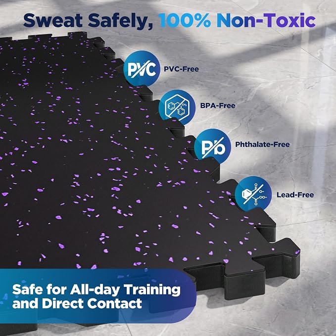 1'' Thick 48 Sq Ft Protective Gym Flooring for Home Gym, 12 Tiles Extra-Thick Rubber Top with High Density EVA Foam, Interlocking Exercise Equipment Mats, Heavy Weight Workout, Black & Purple