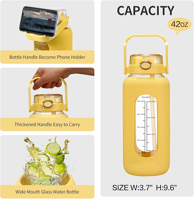 chunmo 42oz/52oz/64oz Glass Water Bolttles with Straw Half Gallon Large Motivational Water Bottle with Time Marker Sports Water Bottles with Silicone Sleeve and Handle Lid Water Jug for Gym Workout