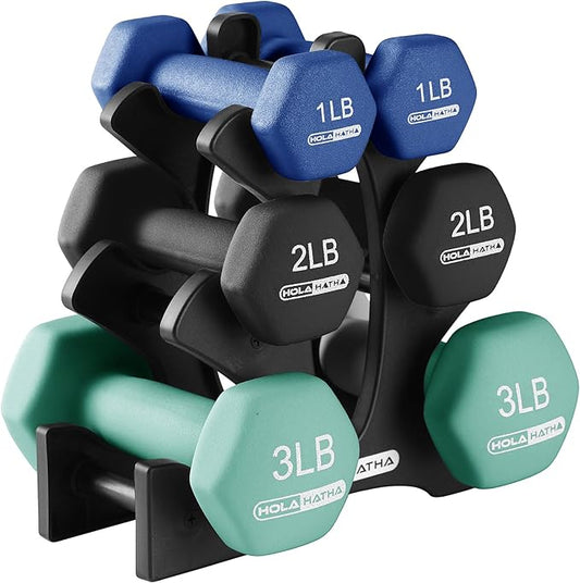 HolaHatha 1, 2 and 3 lb Neoprene Dumbbell Strength Training Weight Set with Rack