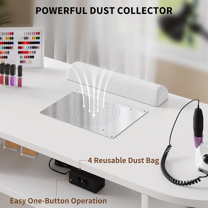 Nail Desk with Dust Collector & Power Outlet, Manicure Table with Display Rack,Professional Salon Station with Drawers and Cabinet,Acetone Resistant Top, Nail Table with Wrist Cushion for Nail Salon