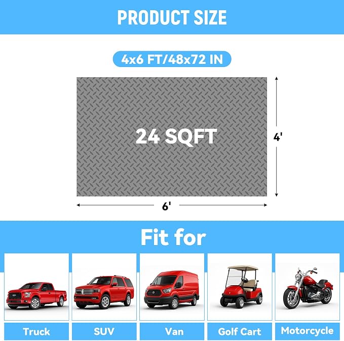 4x6 FT Garage Floor Mat, 2.8mm Thickened Diamond Plate | PVC Flooring Roll for Under Car/Golf Cart/Motorcycle, Garage Mat for Warehouse/Basement/Gyms/Trailer, Tapes Included, Gray