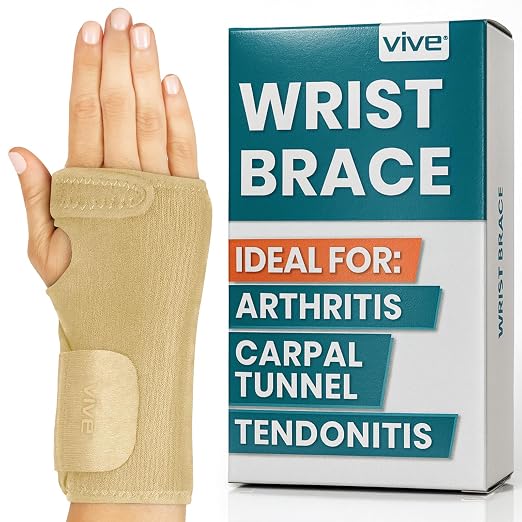 Vive Wrist Brace - Carpal Tunnel Hand Compression Support Wrap for Men | Women, Tendinitis, Bowling, Sports Injuries Pain Relief - Removable Splint - Universal Ergonomic Fit (Beige, Right)