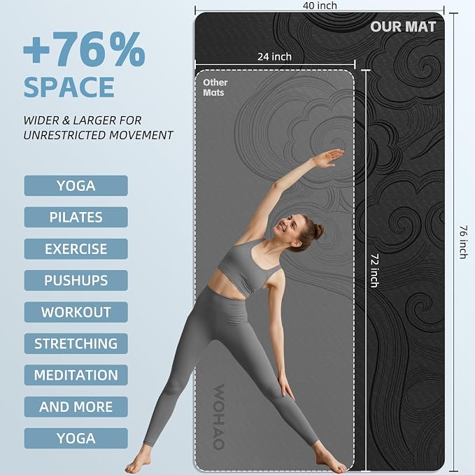 Large 76"x40"x0.4" Yoga Mat | Extra Width & Thick, Non-Slip Exercise Mat, Versatile for Stretching, Yoga Studio, Gym, Home & Indoor/Outdoor Workouts