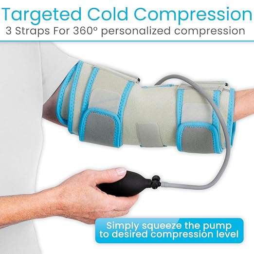 Vive Compression Elbow Ice Pack Wrap w/Inflatable Pump - Pain Relief | Fractures, Tendonitis, Tennis Elbow & Post Surgery Recovery - Adjustable Hot & Cold Therapy Brace - Arctic Flex Gel