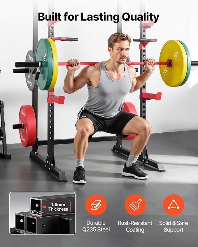 VEVOR Power Cage Power Rack, Multifunctional Barbell Squat Rack with Adjustable Height, Home Gym Strength Training Workout Equipment with J-Hooks & More Fitness Attachment for Bench Press Pull-Up Dips