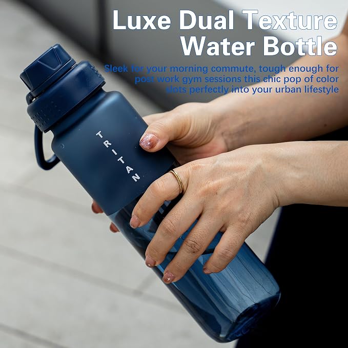 OLDLEY 32oz Water Bottle with Handle, BPA-Free Tritan Reusable Sports Water Bottle with Leak-Proof Dust Lid, Wide Mouth, Cup Holder Friendly, Half Frosted Clear Bottle for Gym, Travel, Work,Navy Blue