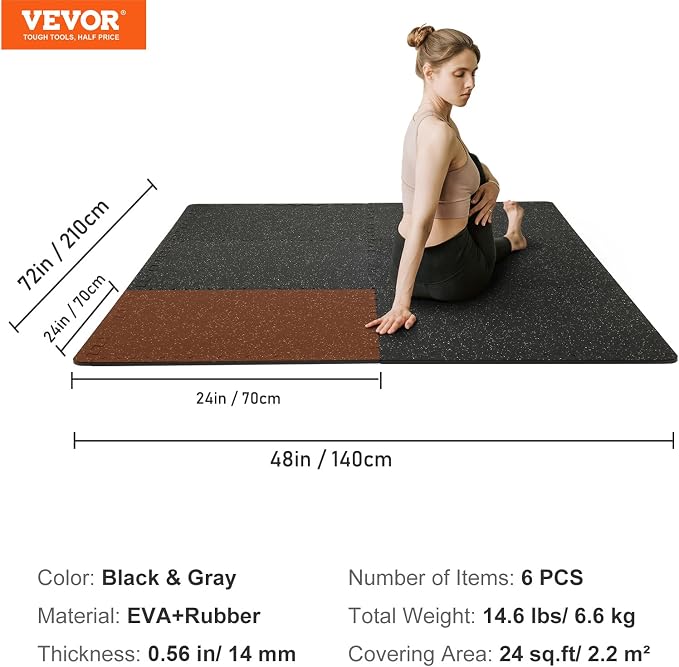 VEVOR 0.56Inch 24sq.ft 6 Tiles Gym Flooring for Home Gym, Rubber Top with High Density EVA Foam, 25 x 25In Gym Floor Exercise Equipment Mats, Interlocking Gym Mats, Puzzle Workout Mats, Black & Gray | Rubber Top with High Density EVA Foam, 25 x 25 in F...