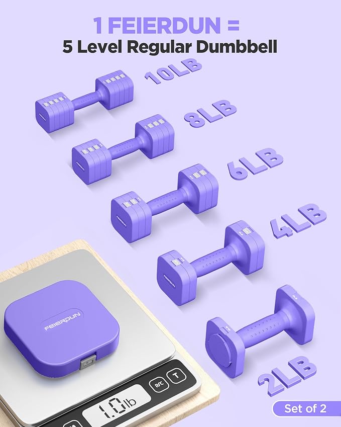 FEIERDUN DB3 5-in-1 Adjustable Dumbbell Set, 6LB/10LB Pair Adjustable Weights for Women at Home, Dual Locking Stable Hand Weights with TPU Soft Handle, Home Gym, Rehab, Pilates, Yoga, Strength Training