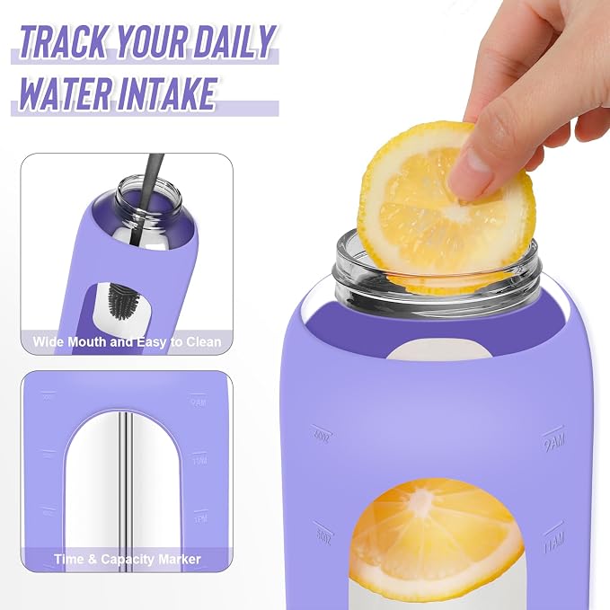 FULBEVY Glass Water Bottles 64 oz - Half Gallon Large Motivational Daily Water Intake Bottle Time Marker - Glass Water Bottle With Straw, Silicone Sleeve 2 Lids, Handle Spout & Bamboo Lid(Purple)