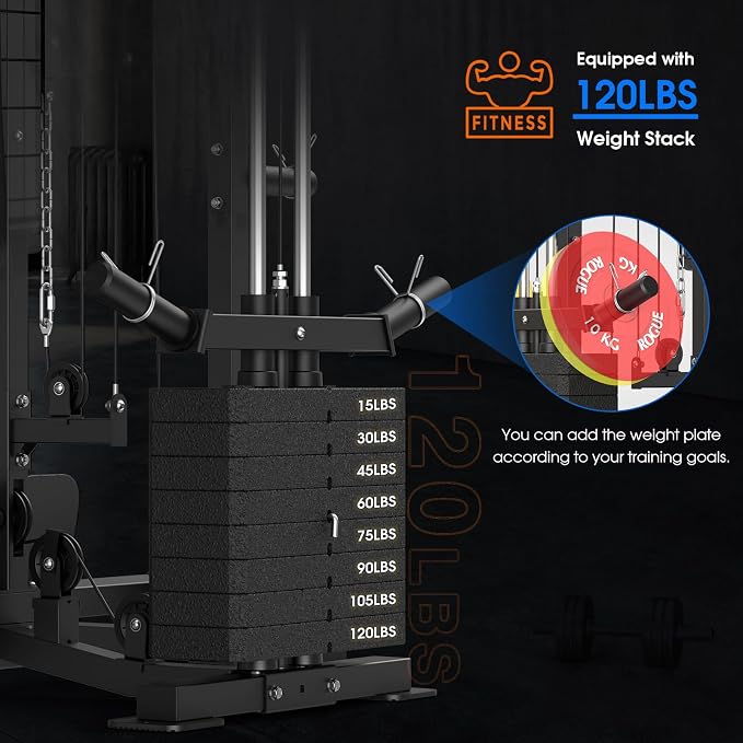 SunHome Smith Machine, 2000LBS Power Cage Squat Rack with Smith Bar, LAT Pull-Down Systems, Cable Crossover Machine for Home Gym