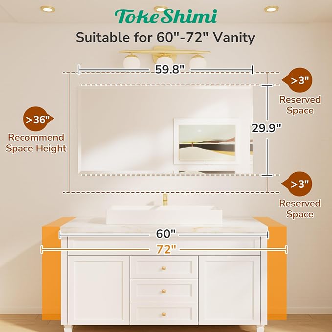 60x30 Beveled Frameless Bathroom Mirror, Vanity Bathroom Mirrored with 1" Beveled Edge, Shatterproof Modern Frameless Mirror Rectangle for Living Room, Entryway, Restroom