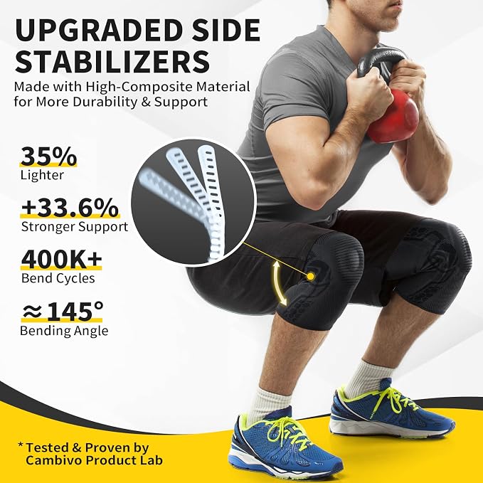CAMBIVO Knee Brace for Men & Women, 2-Pack Compression Sleeve with Gel Pad | Patella Gel Pad with Side Stabilizers for Knee Pain Relief. Ideal for Running, Weightlifting & Arthritis, Workout, Daily Use