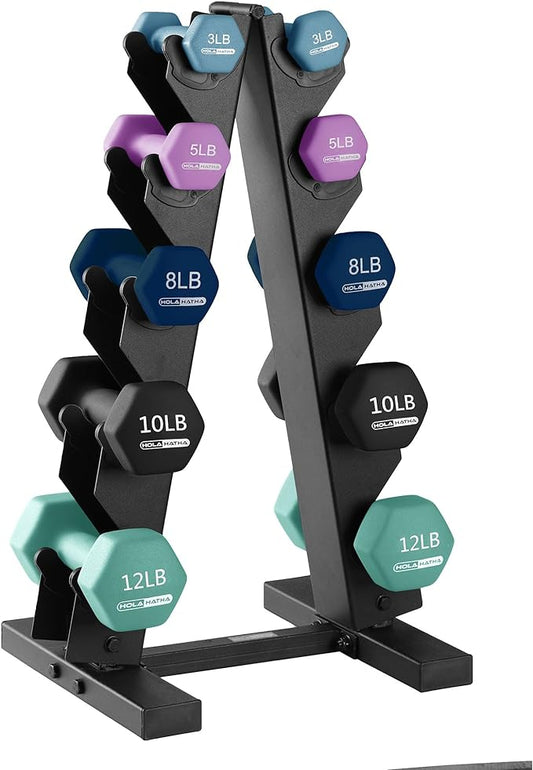 HolaHatha 1, 2 and 3 lb Neoprene Dumbbell Strength Training Weight Set with Rack