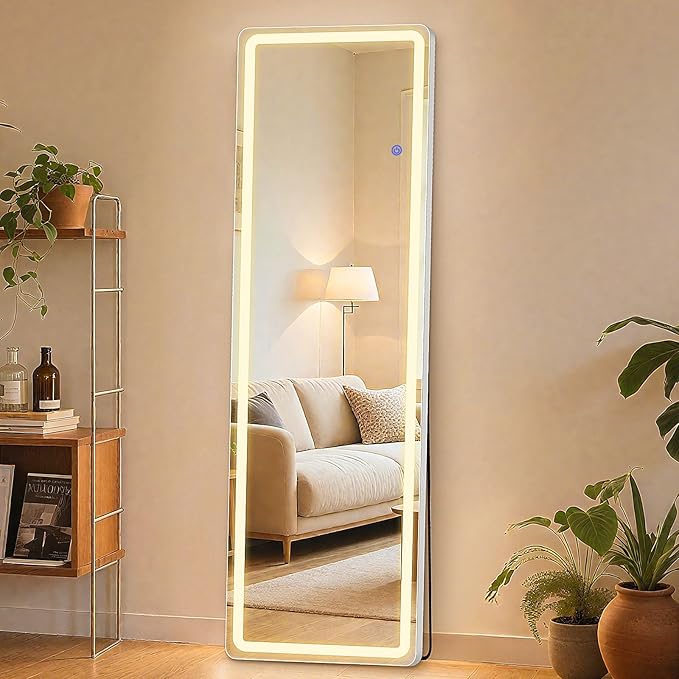 NEWBULIG 60"x16" LED Full Length Mirror, Full Body Standing Mirror, White | Leaning or Standing, Tempered Glass, Aluminum Alloy Thin Frame Floor Stand for Bedroom, Cloakroom