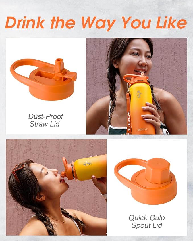 Coolflask 40 oz Water Bottle Insulated Stainless Steel with Strap | Metal Water Flask with Straw & Spout Lids, Triple-Wall, Cold 48+h, Dishwasher Safe, Leakproof, BPA-Free, for Gym & Hiking