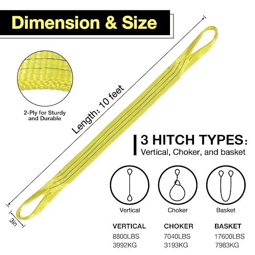 Lift Sling Straps, 3" x 10' 2-Ply Heavy Duty Flat Eye Lift Sling | Polyester Lifting Straps Tree Saver Recovery Strap Web Sling Rigging Securing Moving Tow Hoisting Gear Straps Kit 17600lb