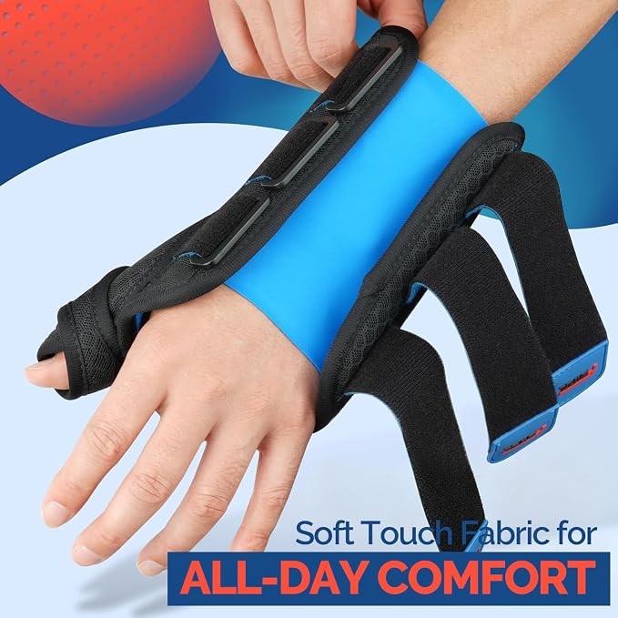 FEATOL Carpal Tunnel Wrist Brace Night Support, Thumb Spica Splint Left Hand for De Quervains Tenosynovitis, Tendonitis, Thumb Brace for Women Men, Black Blue, Large/XLarge